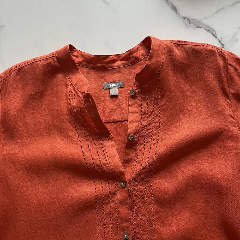 J Jill Linen Tunic Top Mandarin Collar Terracotta Sz L Minimalist Chic Lagenlook - Picture 5 of 12